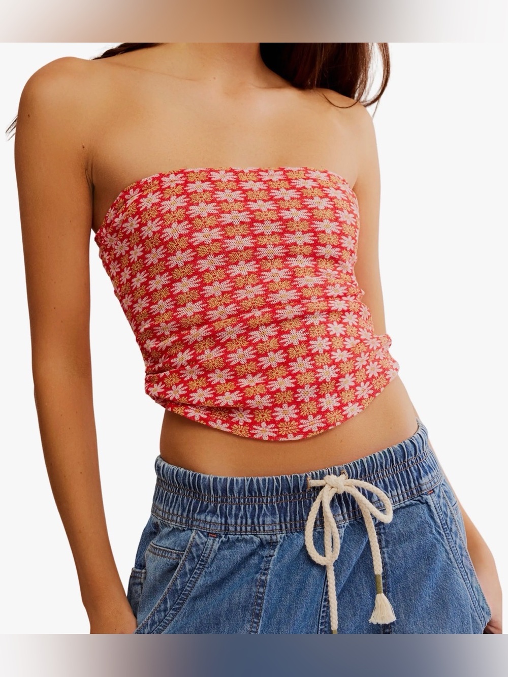 Free People Boulevard Floral Cotton Knit Tube Top Bright Red Combo XL NWT